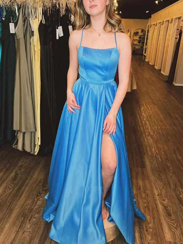 lace-up dresslace-up dressSimple Open Back Blue Satin Long Prom Dresses with High Slit, Long Blue Formal Graduation Evening Dresses SP2597