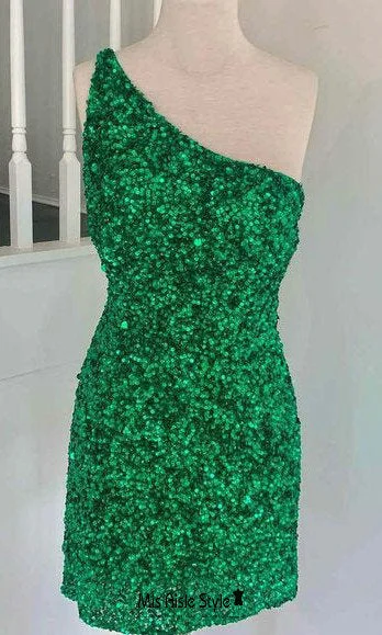 casual evening dresscasual evening dressSexy Mini One Shoulder Green Sequins Homecoming Dress