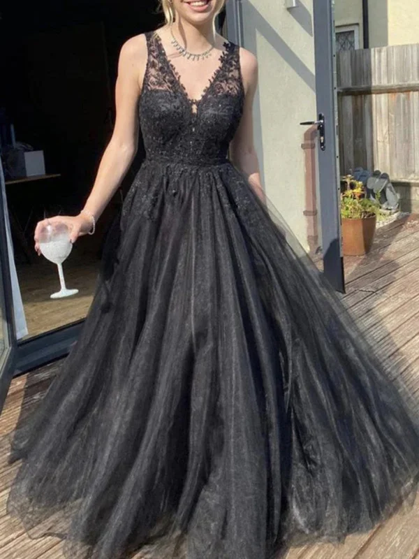 cocktail dresscocktail dressA Line V Neck Black Lace Tulle Long Prom Dresses, Black Lace Formal Dresses, Black Evening Dresses SP2595