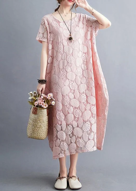 Limited Availability Fashion Pink O-Neck Embroideried Lace Dress Summer