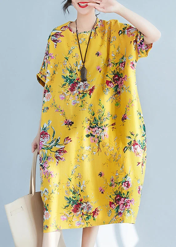 casual slip dresscasual slip dressPlus Size Yellow O-Neck Print Cotton Holiday Dress Summer