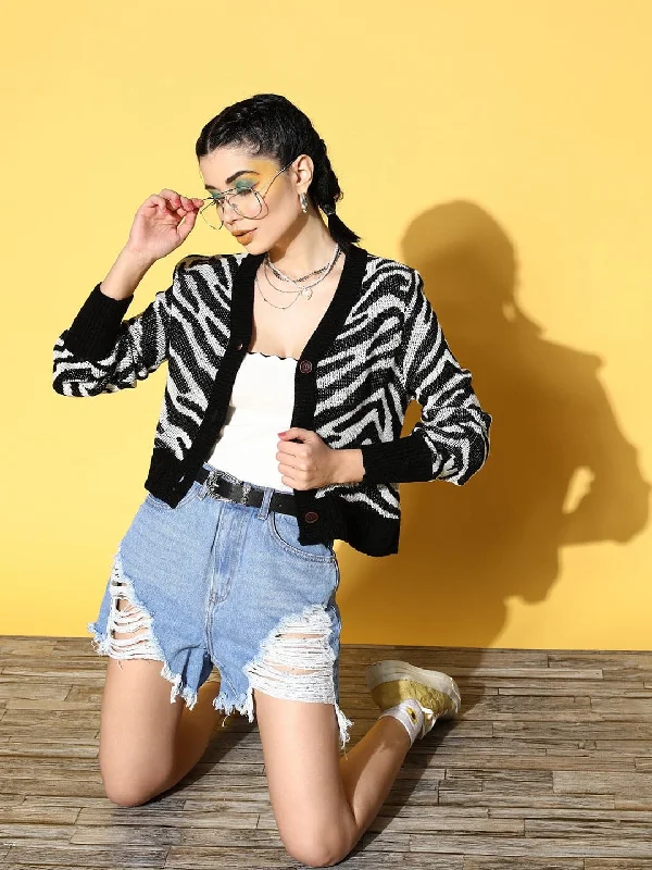 Sale Event Women Black Animal Print Front Open Wool Cardigan