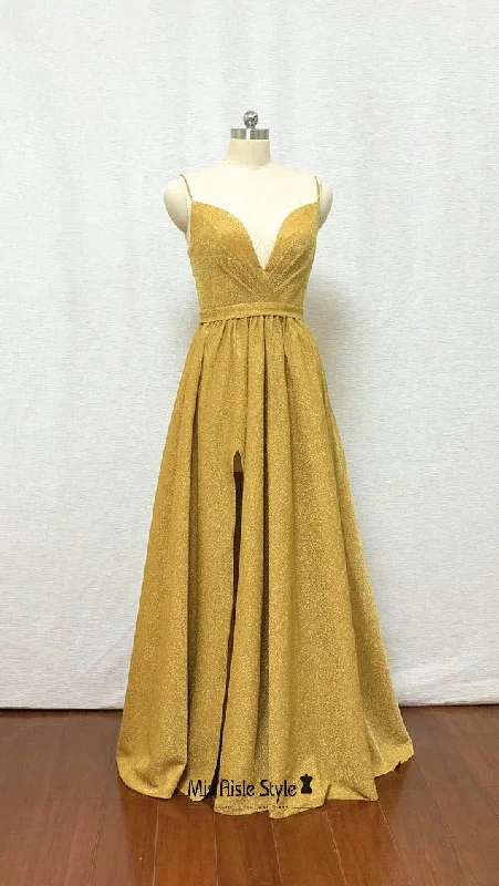 classic fit-and-flare dressclassic fit-and-flare dressSexy Long Slit Sparkle Yellow Prom Dress