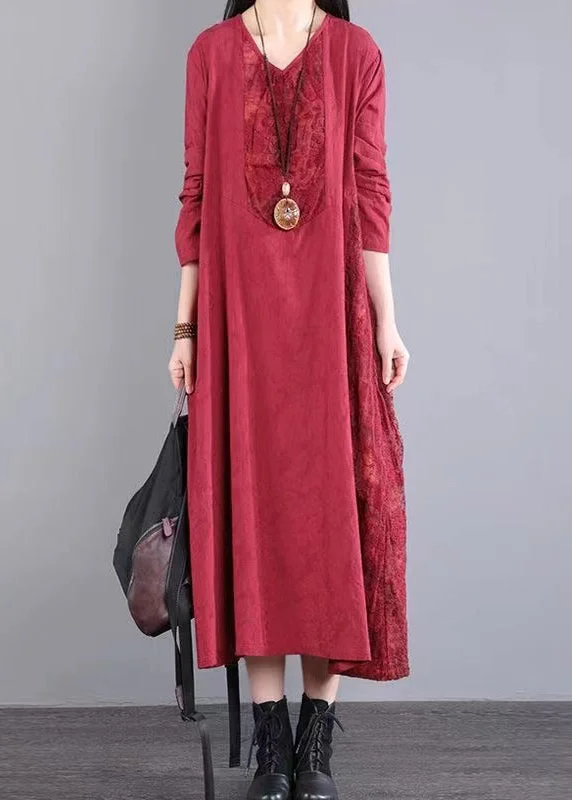 Flash Sale Red Pockets Patchwork Cotton Long Dress V Neck Lace Hollow Out Fall