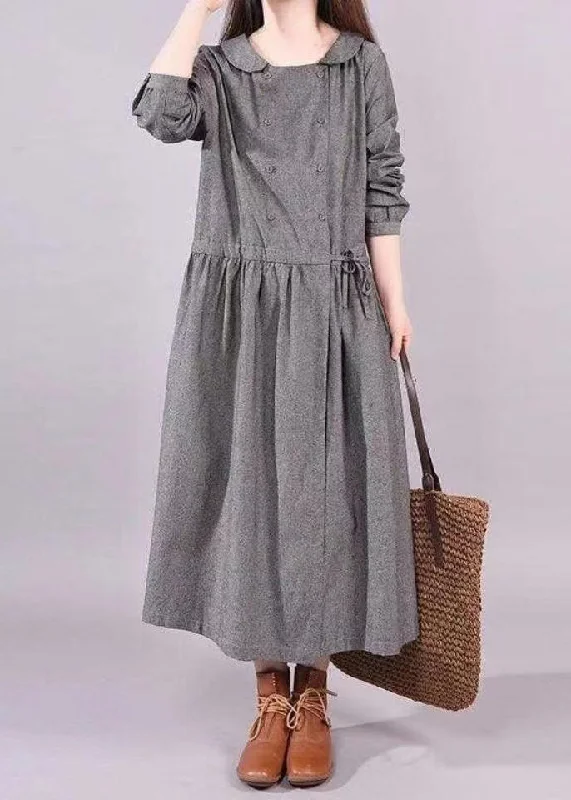 Today’s Deal Art Grey Peter Pan Collar Drawstring Patchwork Cotton Dress Fall