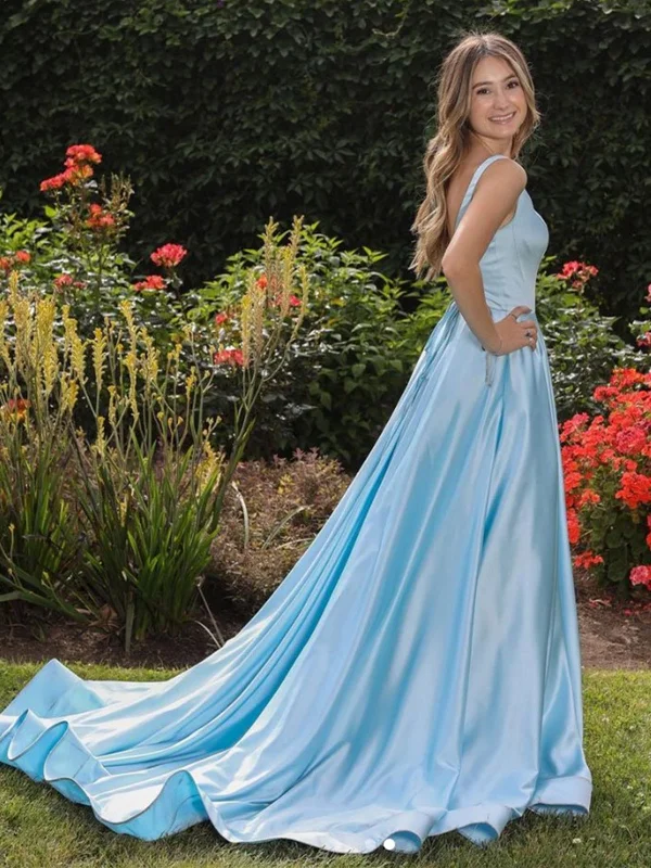 Stock Clearance A Line Open Back Blue Satin Long Prom Dresses, Long Blue Formal Evening Dresses Stock Clearance A Line Open Back Blue Satin Long Prom Dresses, Long Blue Formal Evening Dresses