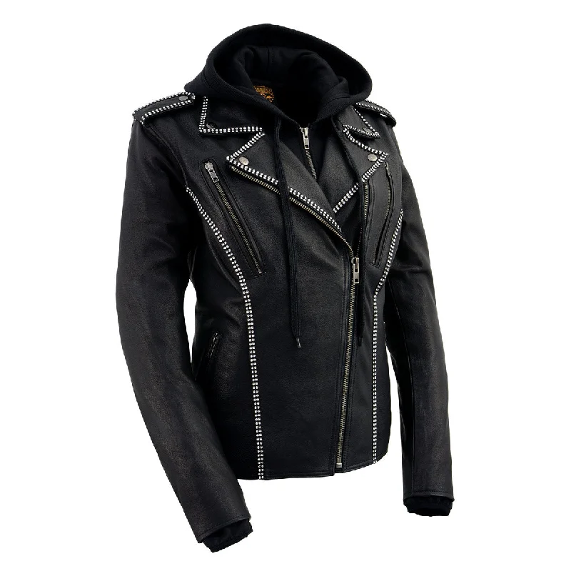 Deal Zone Milwaukee Leather MLL2503 Women's Black 'Bedazzled' Leather Moto Jacket with Hoodie