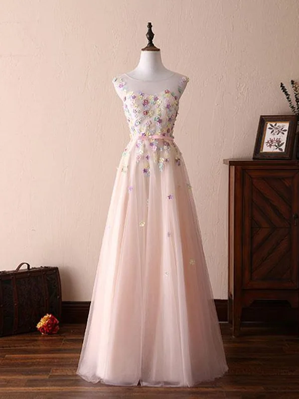 Extra Savings A Line Round Neck Flowers Appliques Light Pink Prom Dresses, Pink Formal Dresses, Evening Dresses with Flower
