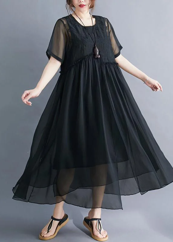Exclusive Online Offer Black Patchwork Cotton Long Dress Embroideried Wrinkled Summer Exclusive Online Offer Black Patchwork Cotton Long Dress Embroideried Wrinkled Summer