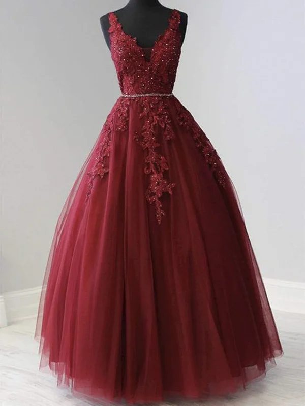 Savings Galore A Line V Neck Burgundy Lace Long Prom Dresses, Burgundy Lace Formal Graduation Evening Dresses