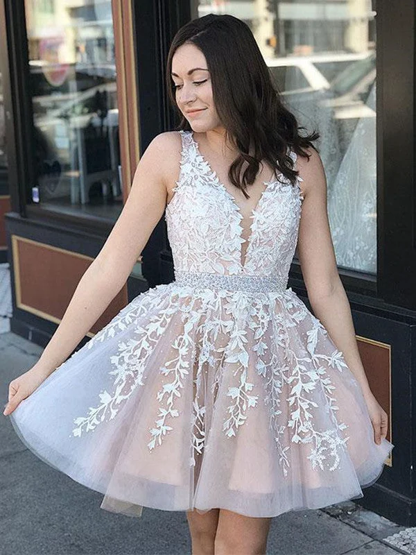 luxury dressluxury dressV Neck Lace Champagne Prom Dresses, Champagne Homecoming Dresses, Short Lace Dresses