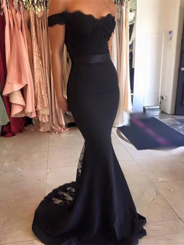 printed dressprinted dressOff Shoulder Black Lace Mermaid Prom Dresses, Black Lace Mermaid Bridesmaid Dresses