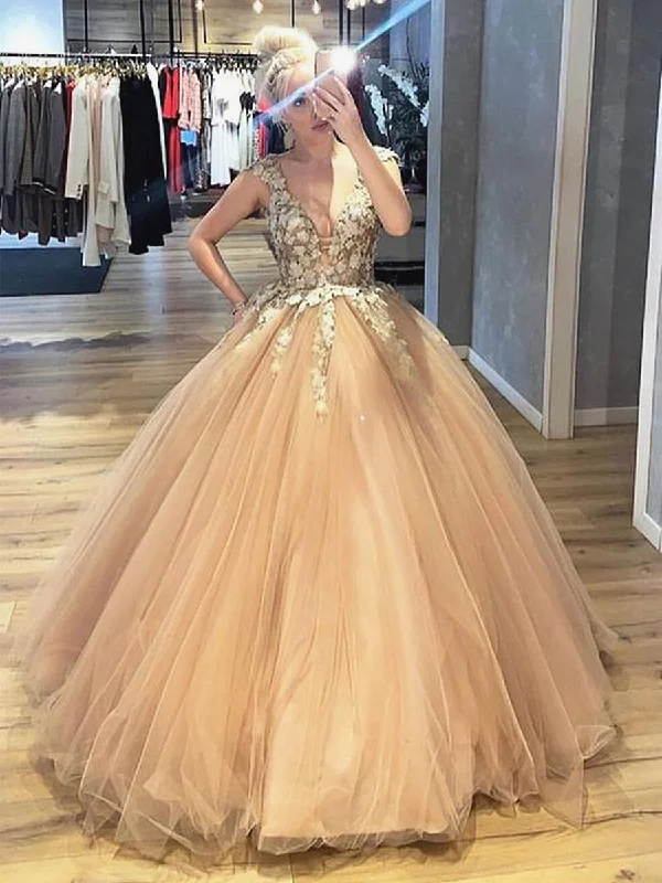 Today's Special V Neck Lace Champagne Prom Dresses, Lace Champagne Formal Dresses, Champagne Evening Dresses, Ball Gown