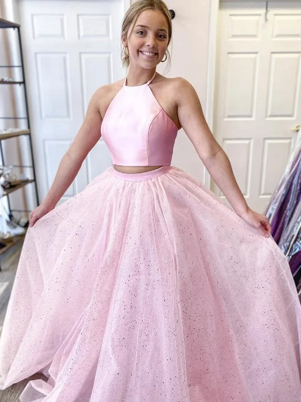 Early Bird Discount Halter Neck 2 Pieces Backless Pink Prom Dresses with Sequins, Two Pieces Pink Formal Dresses, Backless Pink Evening Dresses Early Bird Discount Halter Neck 2 Pieces Backless Pink Prom Dresses with Sequins, Two Pieces Pink Formal Dresses, Backless Pink Evening Dresses