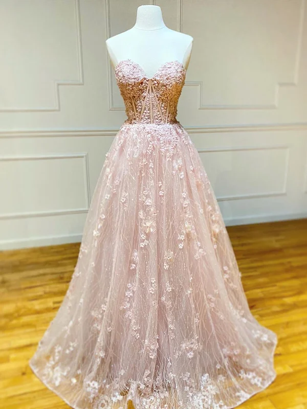 Bargain Prices Sweetheart Neck Strapless Pink Floral Long Prom Dresses, Long Pink Floral Formal Evening Dresses Bargain Prices Sweetheart Neck Strapless Pink Floral Long Prom Dresses, Long Pink Floral Formal Evening Dresses