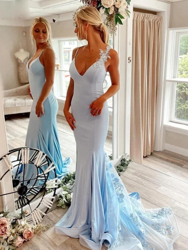 trendy mini dresstrendy mini dressOpen Back V Neck Mermaid Blue Floral Long Prom Dresses, Mermaid Blue Formal Evening Dresses with Flowers SP2515