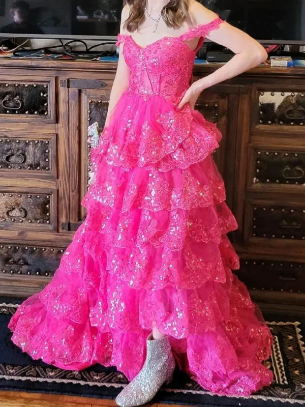 ruched dressruched dressOff Shoulder Layered Hot Pink Lace Long Prom Dresses, Hot Pink Lace Formal Dresses, Hot Pink Evening Dresses SP3085