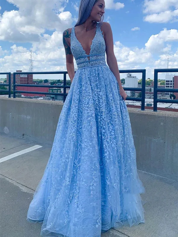 fitted dressfitted dressDeep V Neck Light Blue Lace Long Prom Dresses, Light Blue Lace Formal Graduation Evening Dresses SP2359