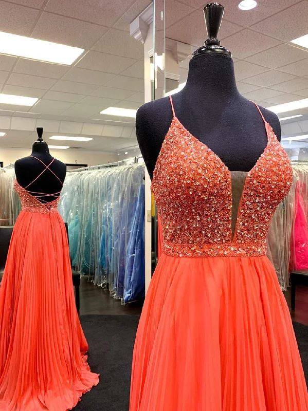 Deal Zone A Line V Neck Backless Beaded Orange Chiffon Long Prom Dresses, Orange Formal Evening Dresses Deal Zone A Line V Neck Backless Beaded Orange Chiffon Long Prom Dresses, Orange Formal Evening Dresses
