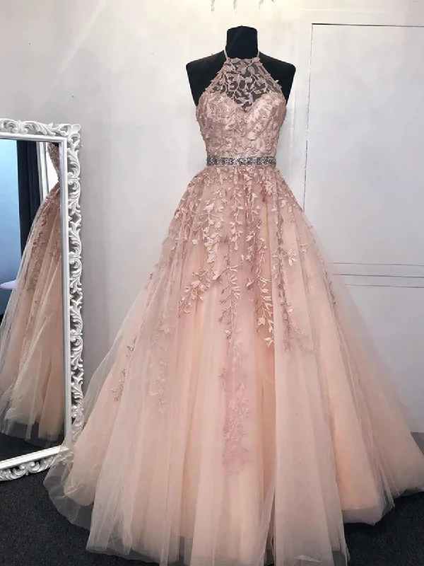 Daily Deals A Line High Neck Pink Lace Long Prom Dresses, Pink Lace Formal Graduation Evening Dresses