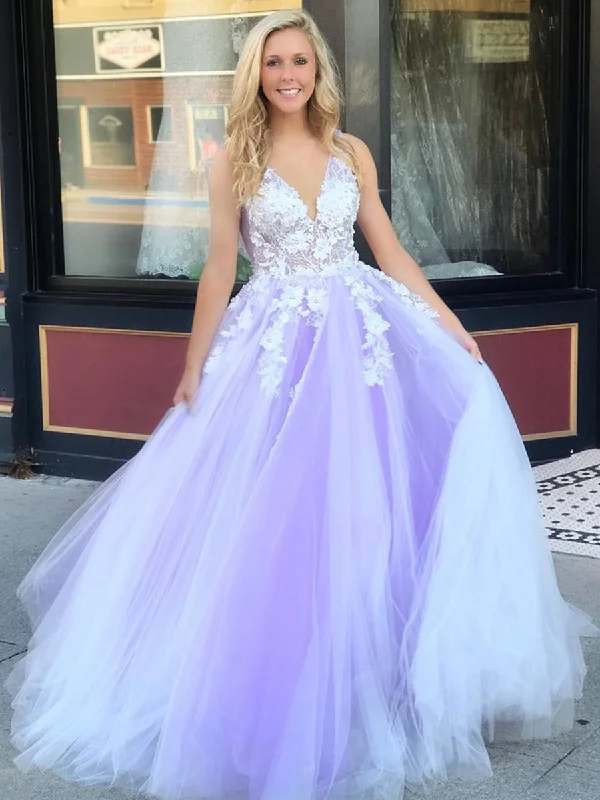 textured dresstextured dressV Neck Open Back White Lace Appliques Top Purple Tulle Long Prom Dresses, Lace Purple Formal Dresses, Evening Dresses 2019