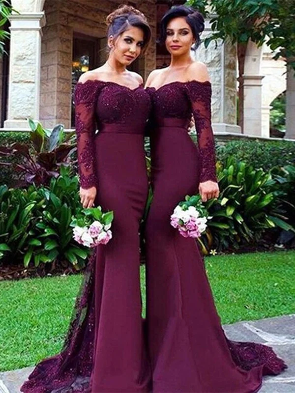 flowy evening dressflowy evening dressOff Shoulder Maroon Long Sleeves Mermaid Lace Prom Dresses, Burgundy Lace Bridesmaid Dresses, Formal Dresses