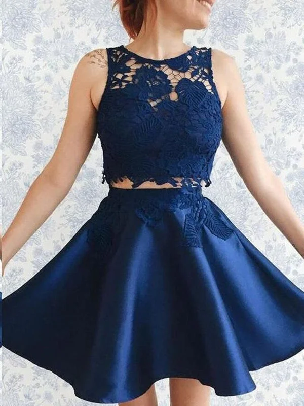 Unmissable Offer Dark Blue Round Neck Two Pieces Lace Prom Dresses, Dark Blue Lace Homecoming Dresses Unmissable Offer Dark Blue Round Neck Two Pieces Lace Prom Dresses, Dark Blue Lace Homecoming Dresses