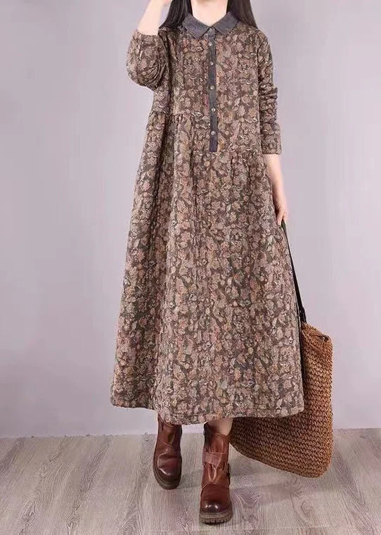 Overstock Grey Print Pockets Patchwork Fine Cotton Filled Dress Wrinkled Winter