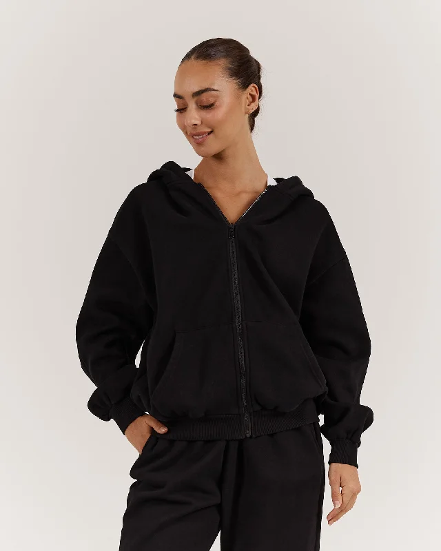Super Deal OVERSIZED ZIP UP HOODIE - BLACK