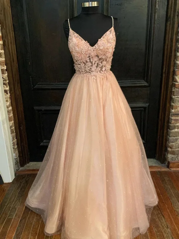 party-ready dressparty-ready dressShiny A Line V Neck Pink Floral Long Prom Dresses, Pink Lace Formal Dresses, Pink Evening Dresses SP2890