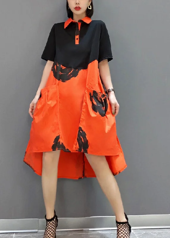 Super Sale Boutique Orange Peter Pan Collar Patchwork Print Cotton Robe Dresses Short Sleeve