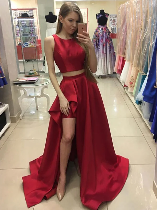 Savings Spectacular Red Round Neck Two Pieces High Low Satin Long Prom Dresses, Red Two Pieces Formal Dresses, Evening Dresses Savings Spectacular Red Round Neck Two Pieces High Low Satin Long Prom Dresses, Red Two Pieces Formal Dresses, Evening Dresses