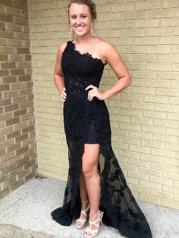 Early Access Unique One Shoulder Black Lace Long Prom Dresses with High Slit, Black Lace Formal Graduation Evening Dresses