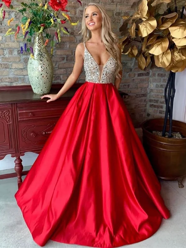Online Only V Neck Red Long Prom Dresses 2020 with Silver Sequins, V Neck Red Formal Dresses, Red Evening Dresses, Ball Gown