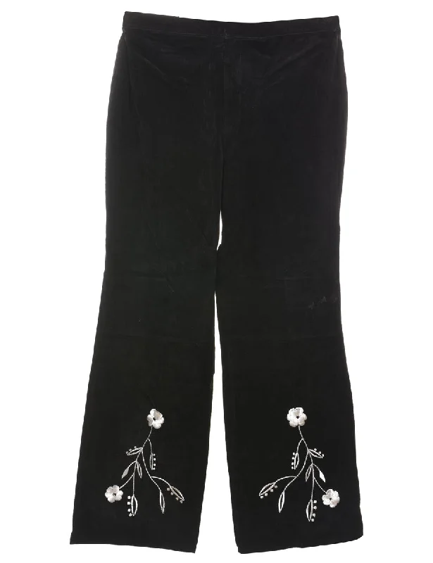 Hurry In Black & White Suede 1990s Floral Embroidered Trousers - W32 L30