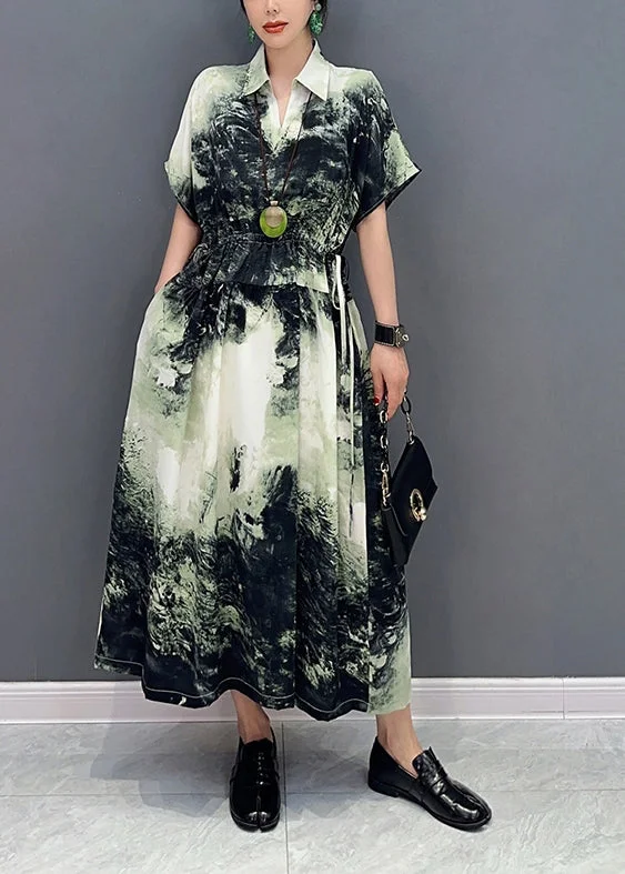 Amazing Deals Green Tie Dye Cotton Vacation Dresses Cinched Summer