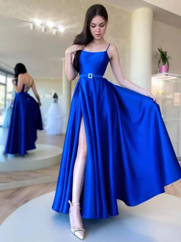 Inventory Reduction Simple Backless Royal Blue Satin Long Prom Dresses with High Slit, Royal Blue Formal Graduation Evening Dresses SP2502