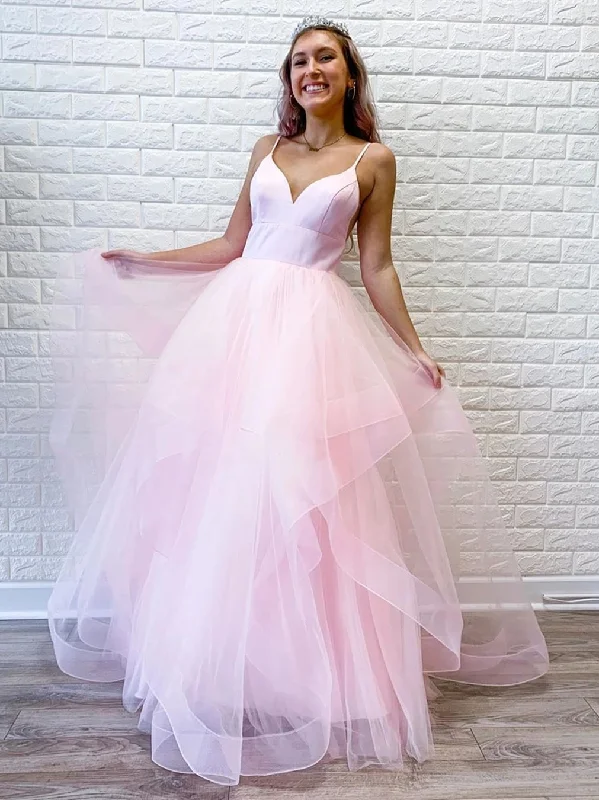 Special Discount Princess V Neck Long Pink/Light Blue Prom Dresses, Puffy Pink/Light Blue Formal Evening Dresses, Light Blue Party Dresses, Pink Ball Gown