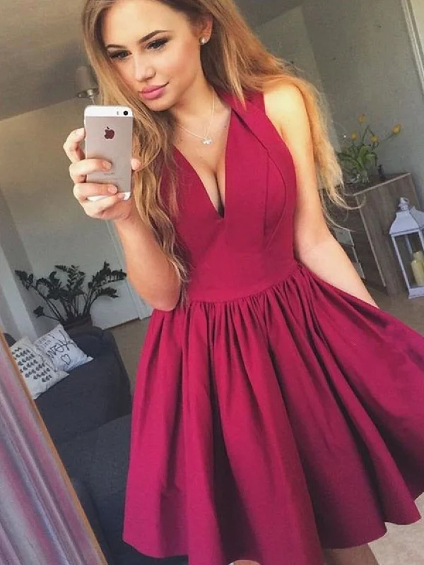 satin dresssatin dressCute V Neck Backless Layered Burgundy Short Prom Dresses Homecoming Dresses, Backless Burgundy Formal Graduation Evening Dresses, Burgundy Cocktail Dresses