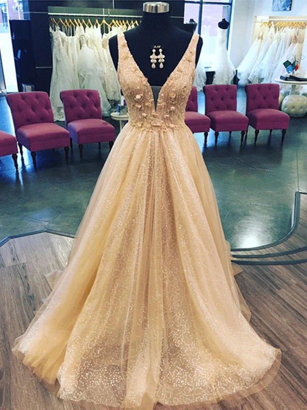 Special Promotion Shiny V Neck Champagne Floral Long Prom Dresses, Champagne 3D Flowers Formal Evening Dresses