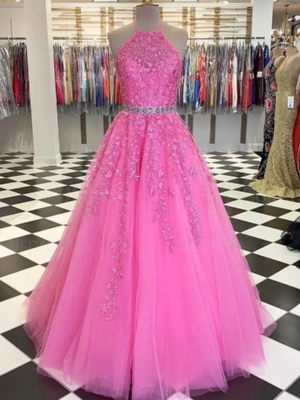 Savings Spectacular Halter Neck Long Pink Lace Prom Dresses with Belt, Pink Lace Formal Dresses, Pink Evening Dresses
