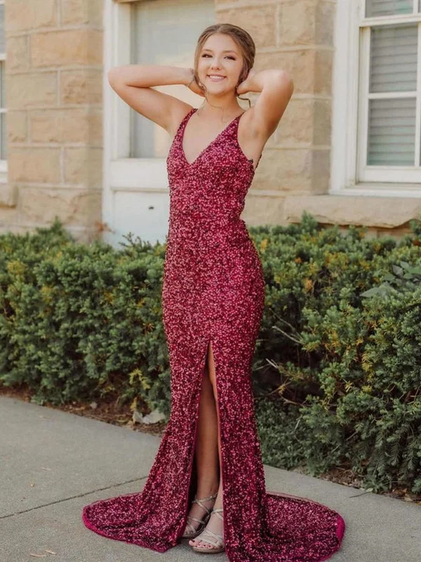 luxury dressluxury dressMermaid V Neck Burgundy Sequins Long Prom Dresses, Mermaid Burgundy Formal Dresses, Burgundy Evening Dresses SP2155