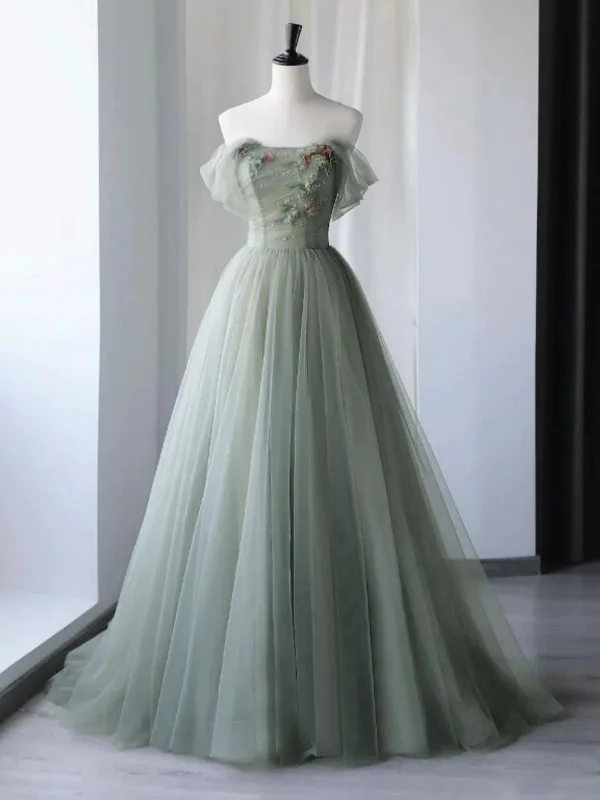 romantic dressromantic dressOff Shoulder Green Tulle Floral Long Prom Dresses, Off the Shoulder Formal Dresses, Green Evening Dresses with 3D Flowers SP2671