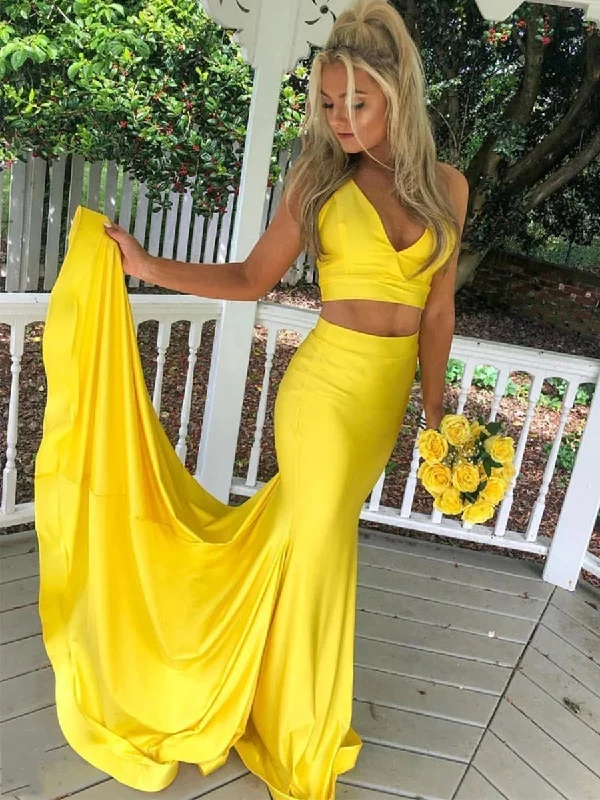 Fantastic Offers Elegant V Neck Two Pieces Mermaid Yellow Long Prom Dresses, 2 Pieces Mermaid Yellow Formal Graduation Evening Dresses
