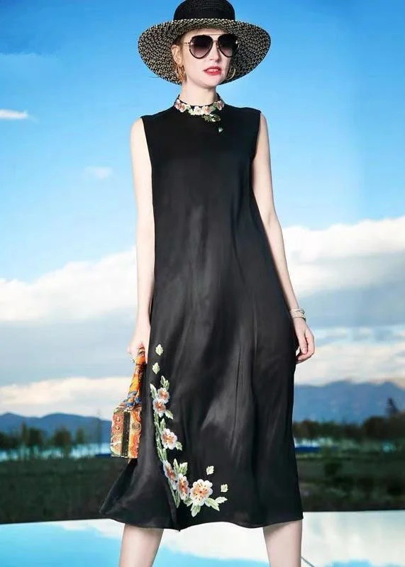 pleated dresspleated dressFine Black Embroideried Patchwork Silk Dresses Sleeveless