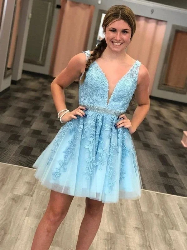 casual dresscasual dressGorgeous V Neck Light Blue Lace Short Prom Dresses with Belt, Light Blue Lace Formal Graduation Homecoming Dresses