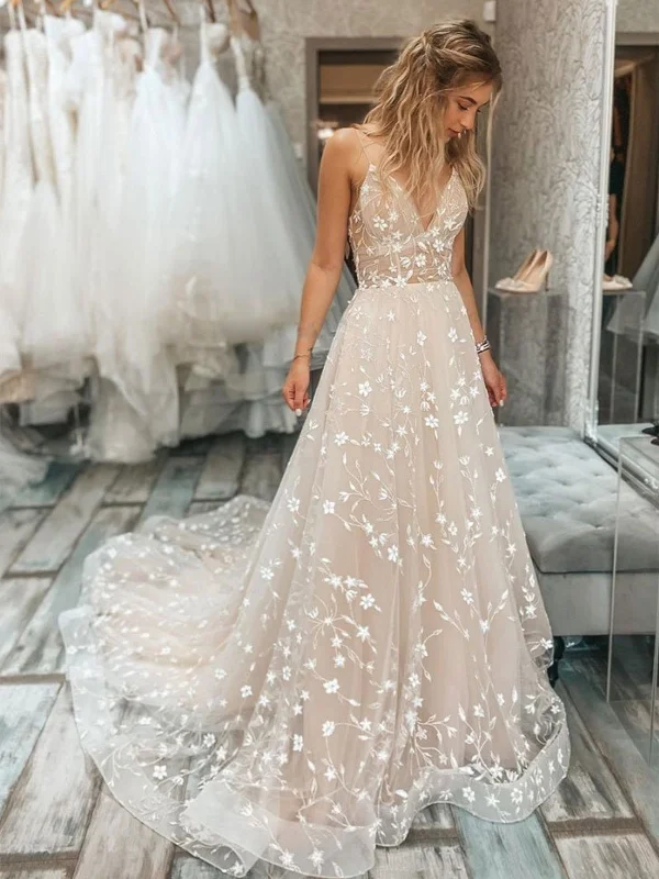 Price Break A Line V Neck Light Champagne Lace Floral Long Prom Dresses, Champagne Lace Formal Graduation Evening Dresses SP2163