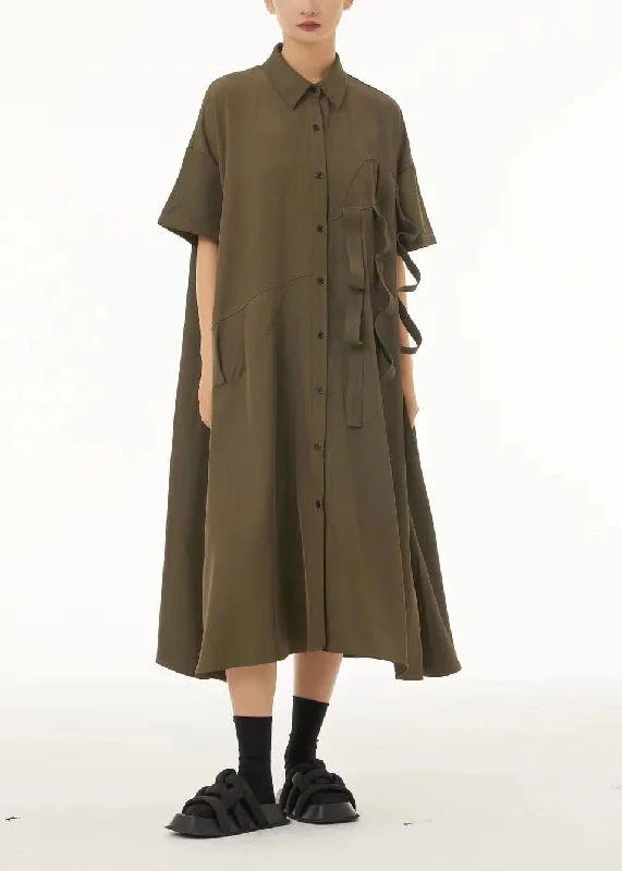 Super Bargain Army Green Patchwork Cotton Shirt Dresses Oversized Original Design Summer