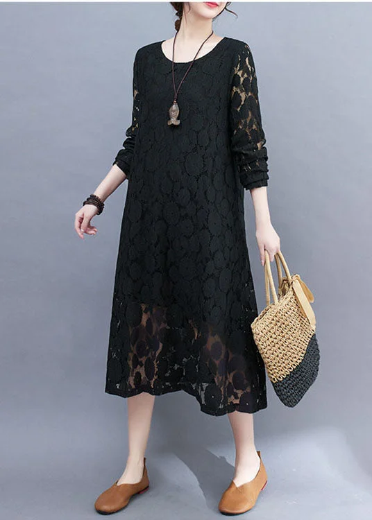 Bargain Bin Black Hollow Out Lace A Line Dress O-Neck Summer