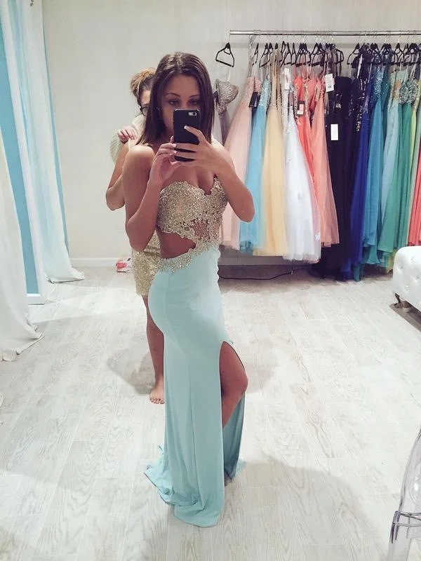 Great Deals A Line Baby Blue Backless Long Lace Prom Dress, Long Lace Formal Dress
